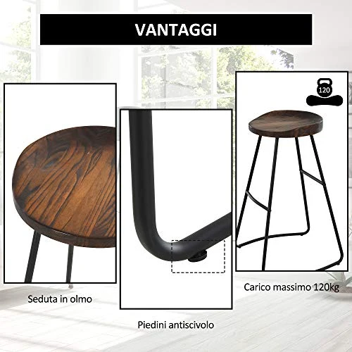 homcom Set 2 Sgabelli Alti da Bar Stile Industriale con Telaio Acciaio Nero e Seduta Rotonda Legno 49.5x44x71cm