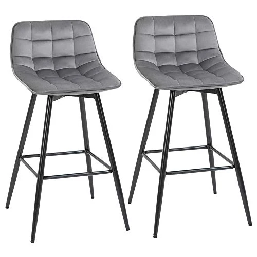 homcom Set 2 Sgabelli da Bar Sedie Imbottite per Salotto Stile Nordico, Rivestimento Velluto e Poggiapiedi, Grigio, 45x47x...