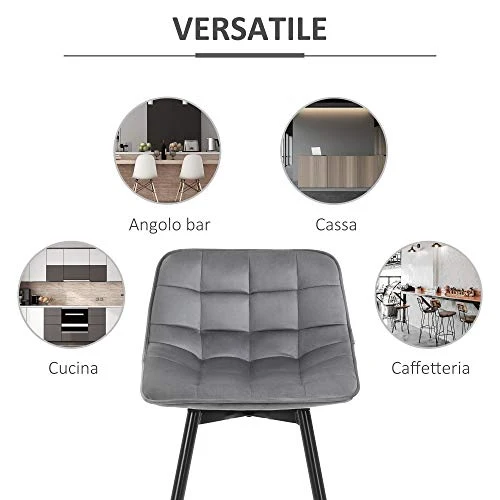 homcom Set 2 Sgabelli da Bar Sedie Imbottite per Salotto Stile Nordico, Rivestimento Velluto e Poggiapiedi, Grigio, 45x47x...