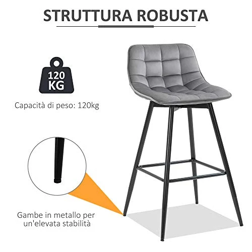 homcom Set 2 Sgabelli da Bar Sedie Imbottite per Salotto Stile Nordico, Rivestimento Velluto e Poggiapiedi, Grigio, 45x47x...