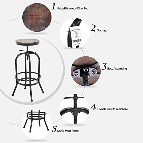IKAYAA Sgabello Industriale, Set di 6 Sgabello Bar, Industriale Altezza Regolabile Girevole Sgabelli Cucina Naturale Legno...