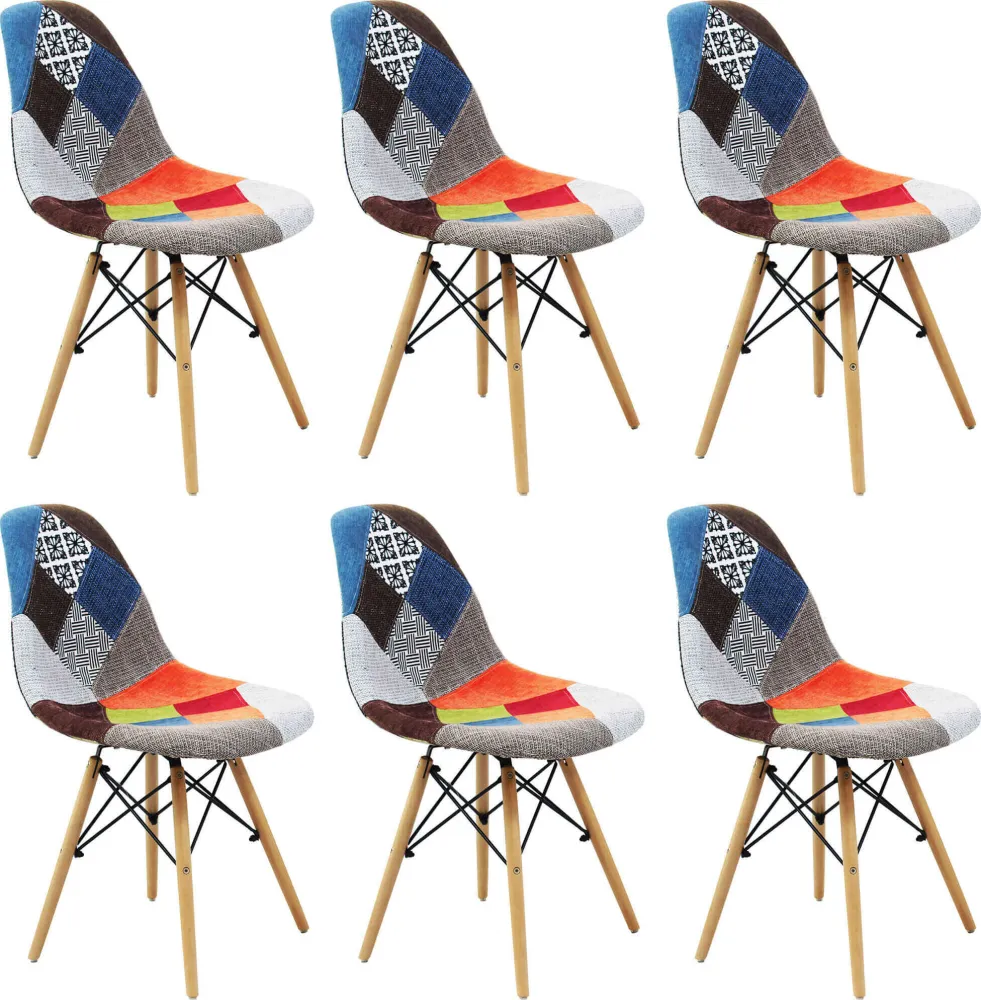 JULIETTE - set di 6 sedie moderne tessuto patchwork con gambe legno Multicolor Milani Home