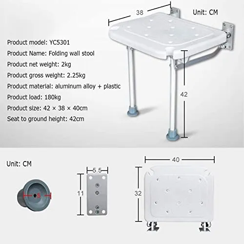 JXING Sgabello da Bagno, Sedile da Doccia Parete, Sedile da Doccia Pieghevole con Gambe Sgabello da Bagno Panca da Bagno M...