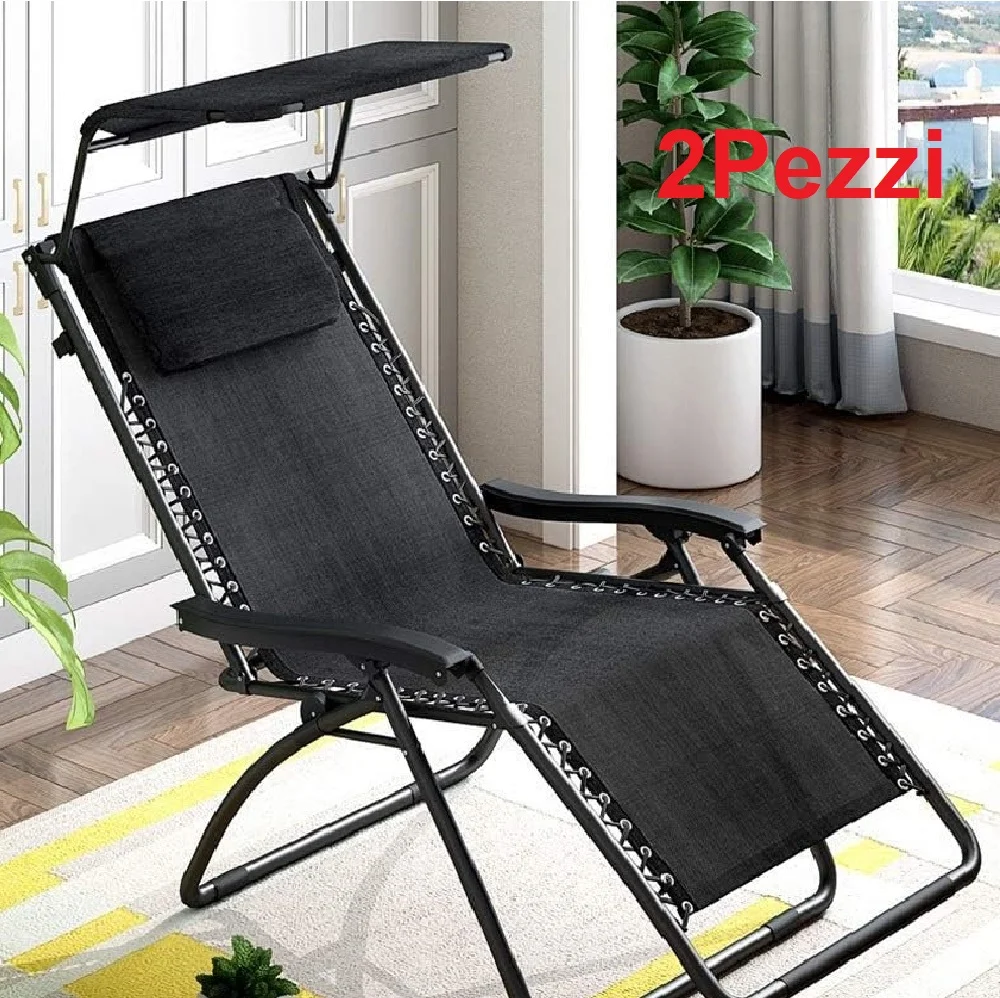 Kit 2 pezzi Sedia Sdraio con Parasole Reclinabile Pieghevole Poggiatesta Nero