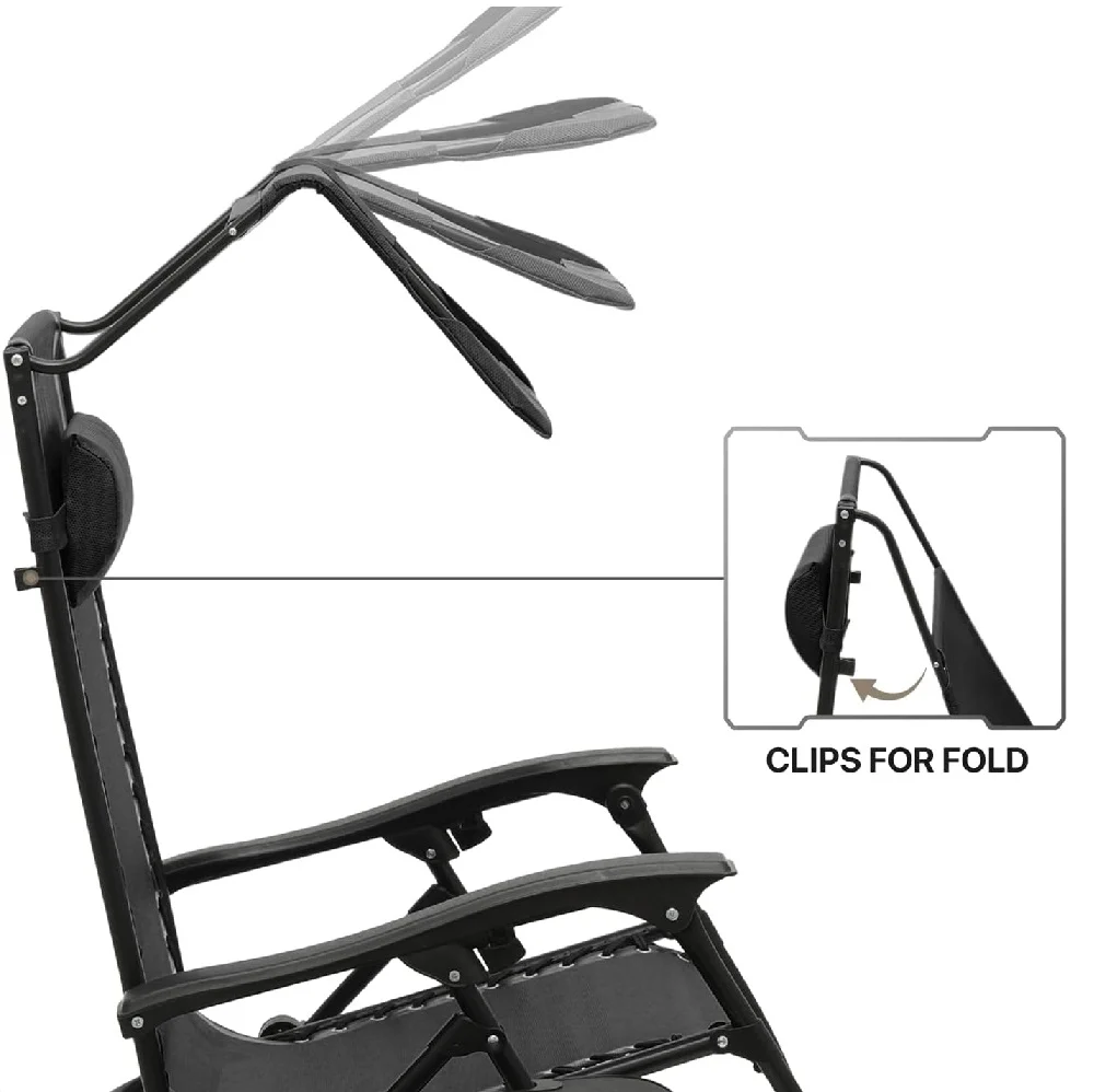 Kit 2 pezzi Sedia Sdraio con Parasole Reclinabile Pieghevole Poggiatesta Nero