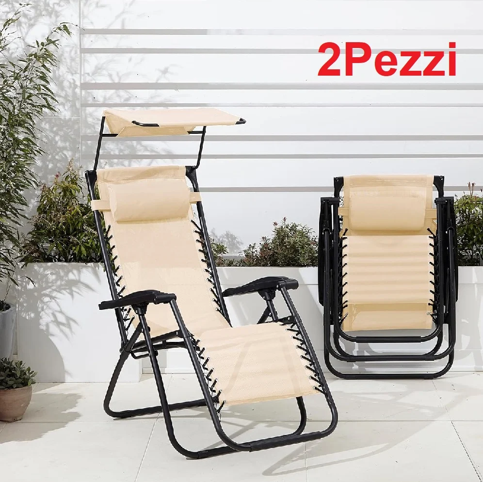 Kit 2 pezzi Sedia Sdraio con Parasole Reclinabile Pieghevole Poggiatesta Crema