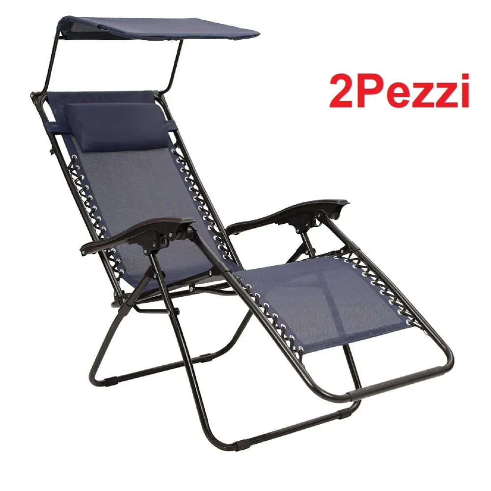 Kit 2 pezzi Sedia Sdraio con Parasole Reclinabile Pieghevole Poggiatesta Blu