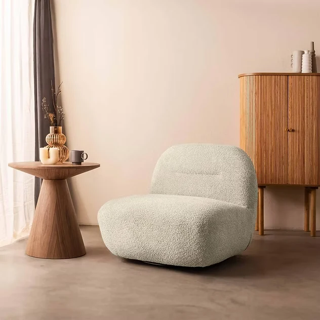 Poltrona lounge BOCHIC con base girevole, crema, bouclè NOVA NOOK