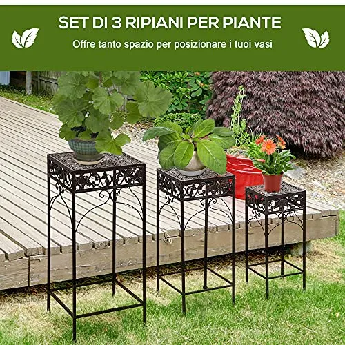 Outsunny Set di 3 Pezzi Sgabelli Supporto per Piante Classico Ferro, MARRONE