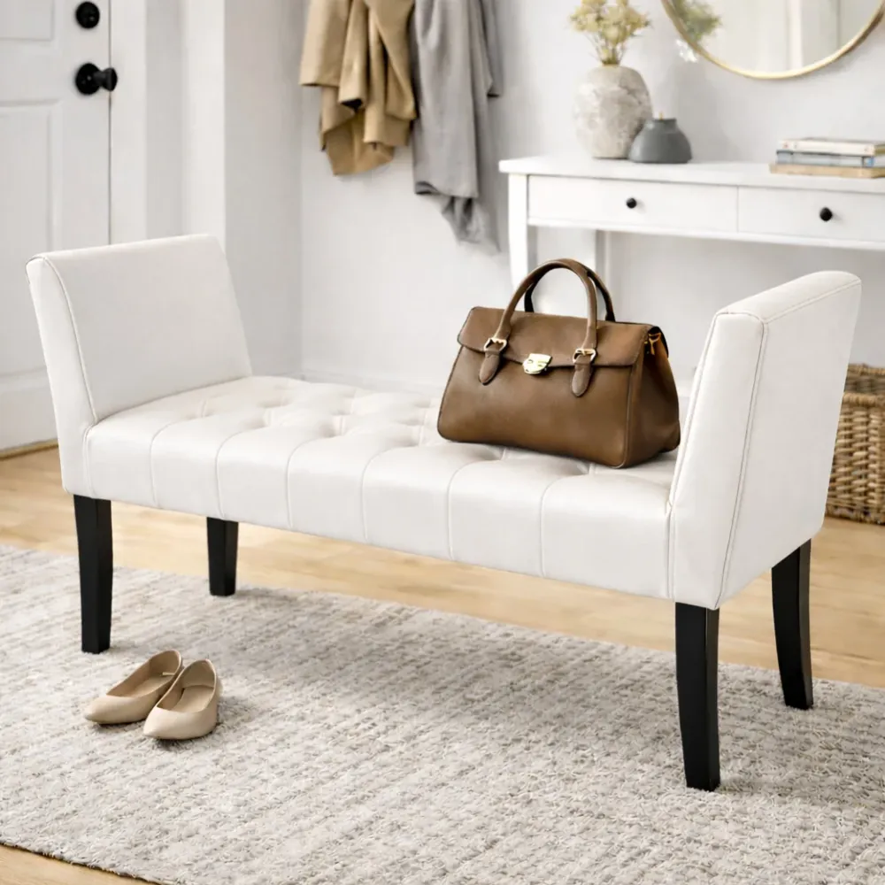 Panca Bianco con Piedi Legno e Rivestimento Ecopelle Camera da Letto Ingresso