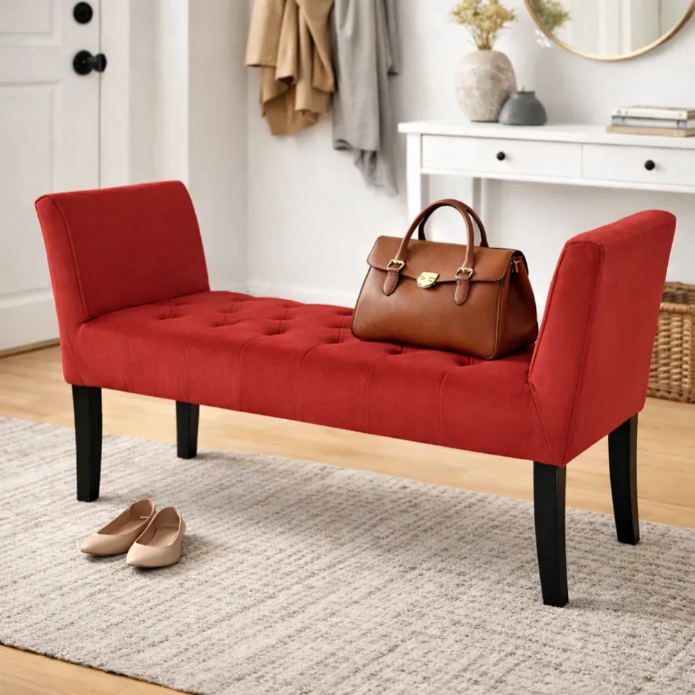 Panca Bordeaux con Piedi Legno e Rivestimento Velluto Camera da Letto Ingresso