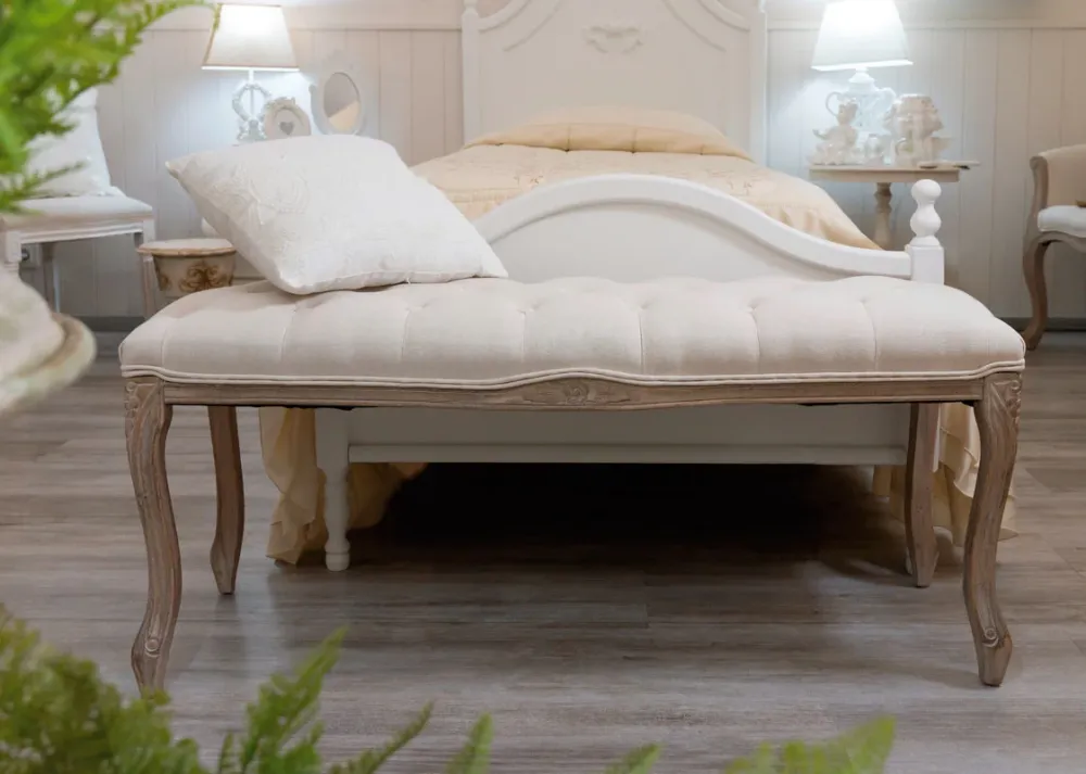 Panca classica legno con seduta tessuto lavorazione capitonnè cm 113x35x50h