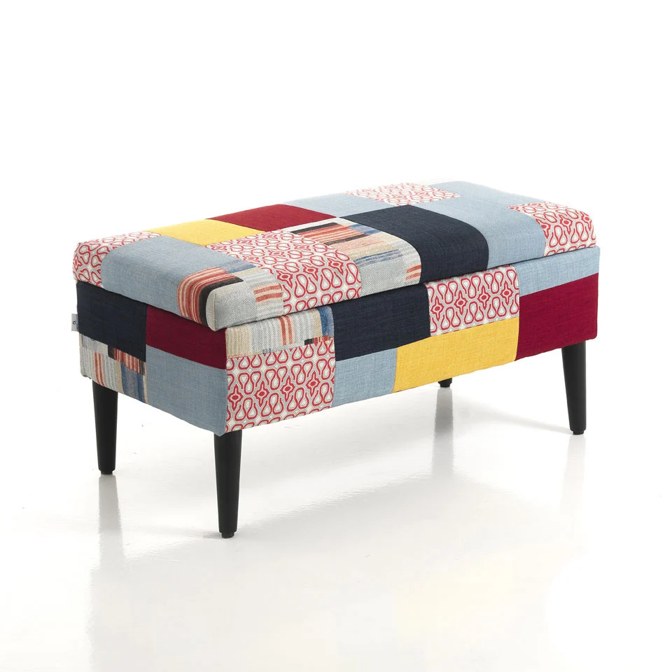 Panca contenitore divanetto moderno tessuto patchwork cm 80x40x40h