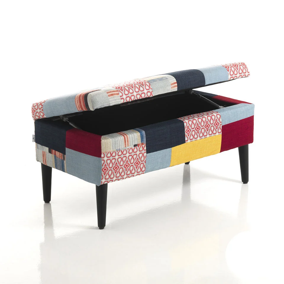 Panca contenitore divanetto moderno tessuto patchwork cm 80x40x40h