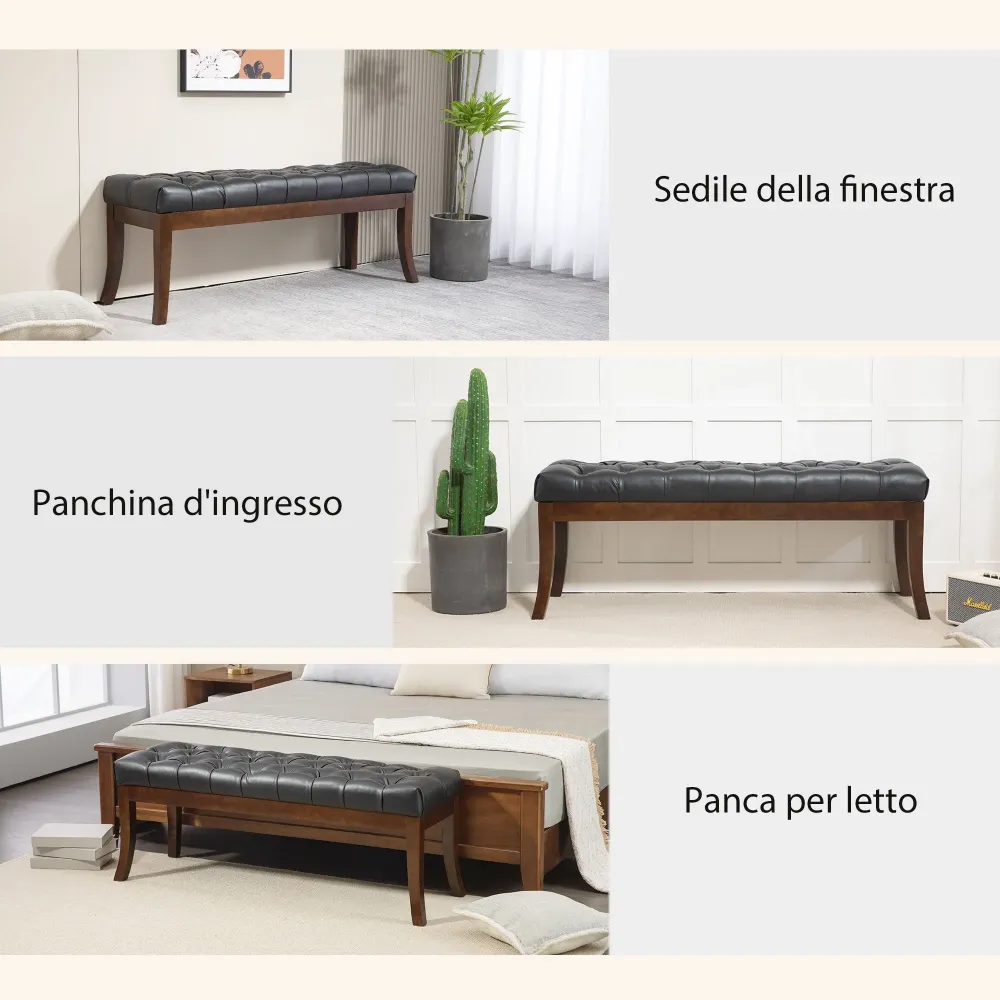 Panca Fondo Letto Imbottita con Design Bottoni e Gambe Ricurve 120x38x46 cm Pelle PU e Legno Nero