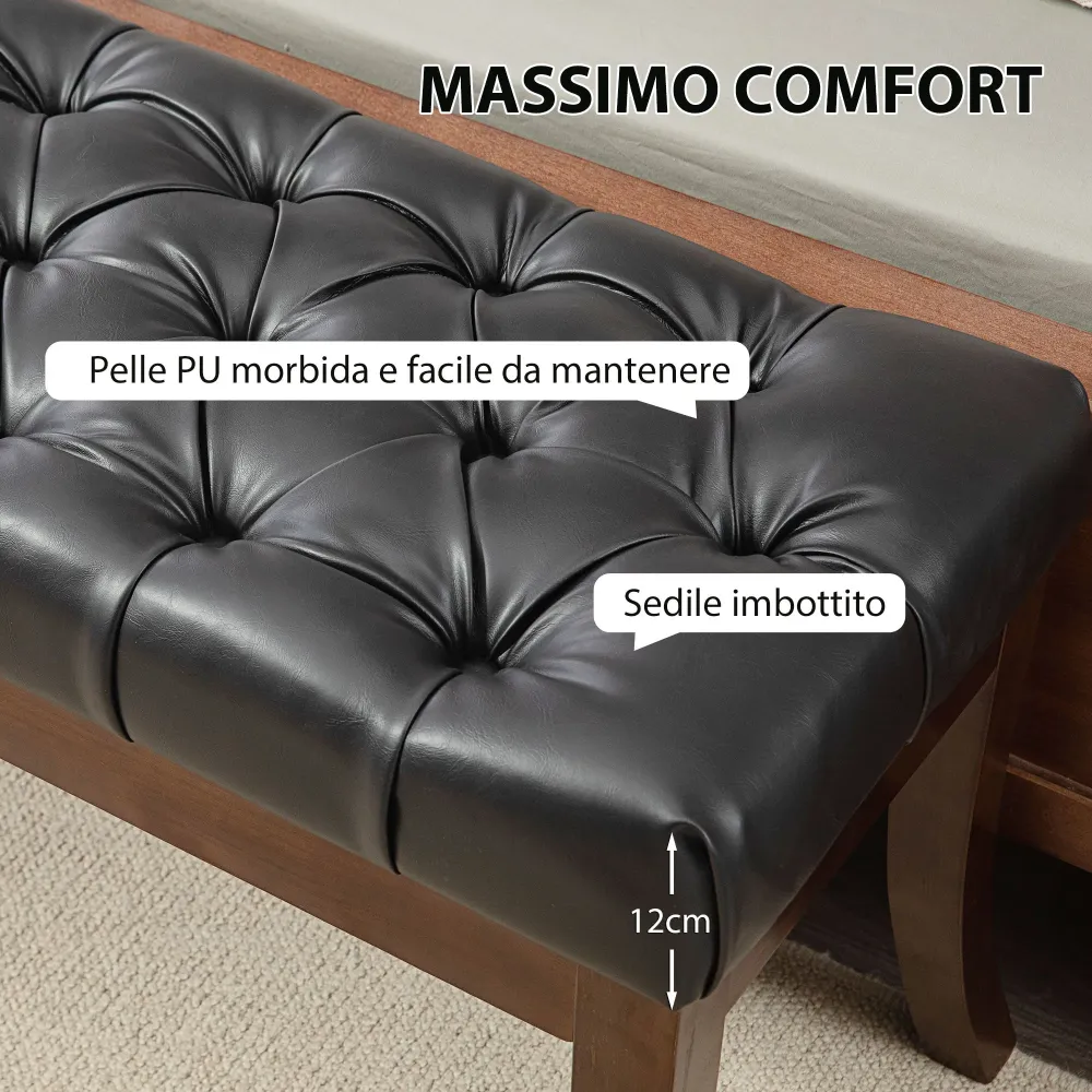 Panca Fondo Letto Imbottita con Design Bottoni e Gambe Ricurve 120x38x46 cm Pelle PU e Legno Nero