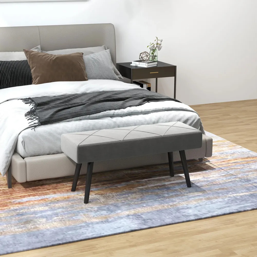 Panca Imbottita Fondoletto 100x36x45 cm Tessuto Effetto Velluto e Acciaio Grigio