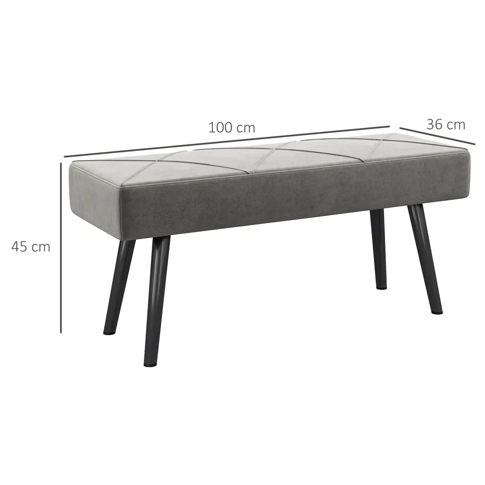 Panca Imbottita Fondoletto 100x36x45 cm Tessuto Effetto Velluto e Acciaio Grigio