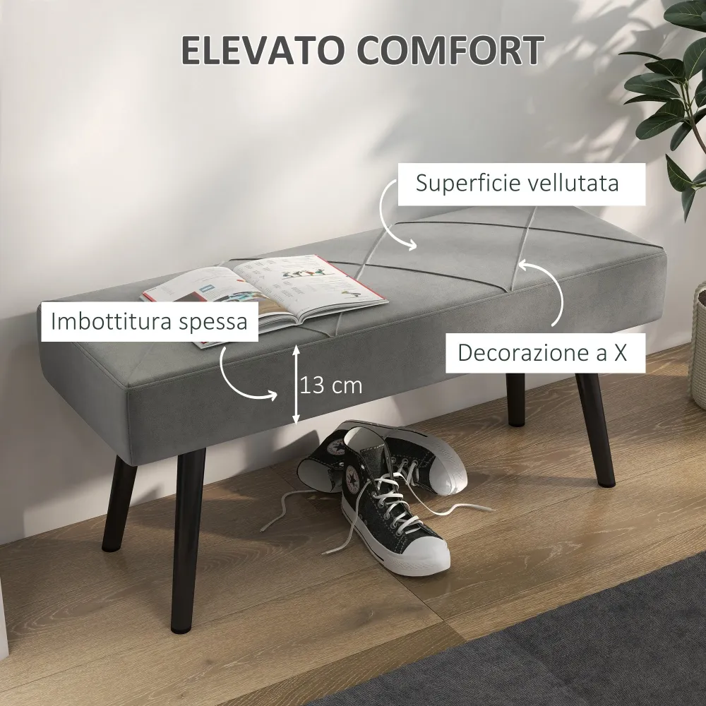 Panca Imbottita Fondoletto 100x36x45 cm Tessuto Effetto Velluto e Acciaio Grigio