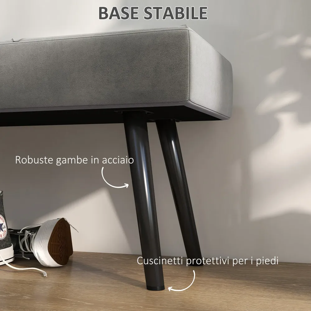 Panca Imbottita Fondoletto 100x36x45 cm Tessuto Effetto Velluto e Acciaio Grigio