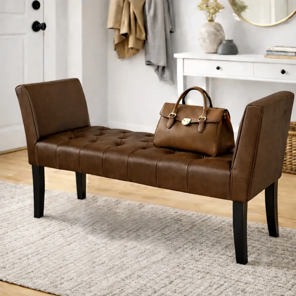 Panca Marrone con Piedi Legno Rivestimento Ecopelle Camera da Letto Ingresso