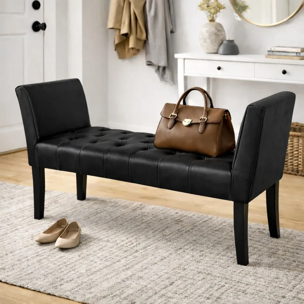 Panca Nero con Piedi Legno e Rivestimento Ecopelle Camera da Letto Ingresso