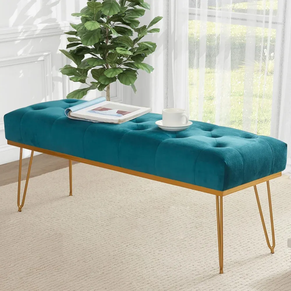 Panca Panchina Tessuto Blu Ingresso Camera da Letto Cassapanca Pouf Ottomana