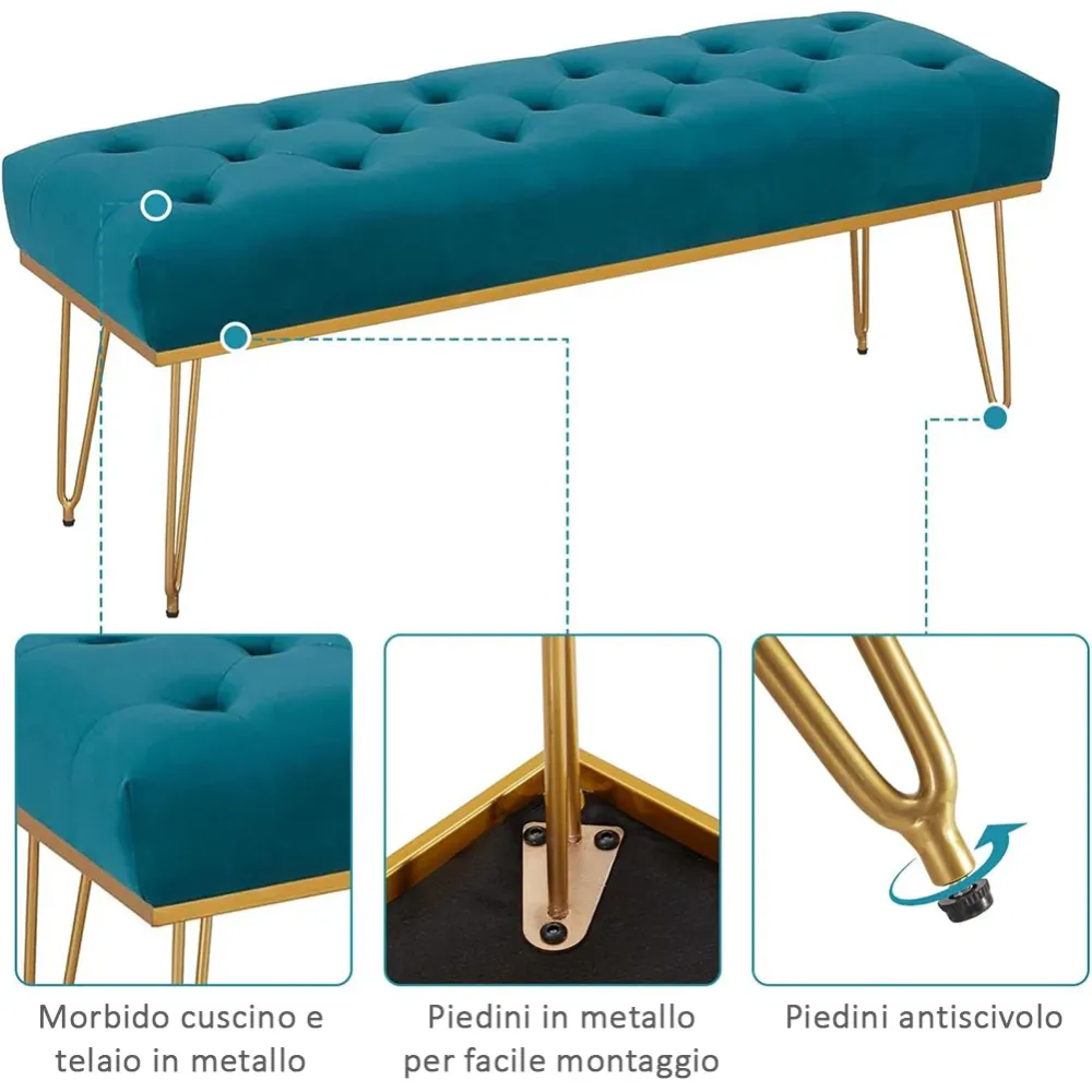 Panca Panchina Tessuto Blu Ingresso Camera da Letto Cassapanca Pouf Ottomana