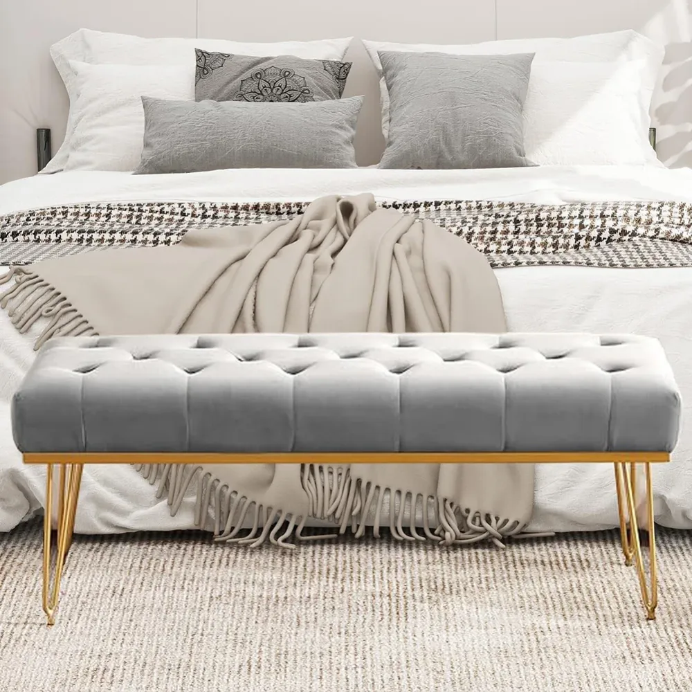 Panca Panchina Tessuto Grigio Ingresso Camera da Letto Cassapanca Pouf Ottomana