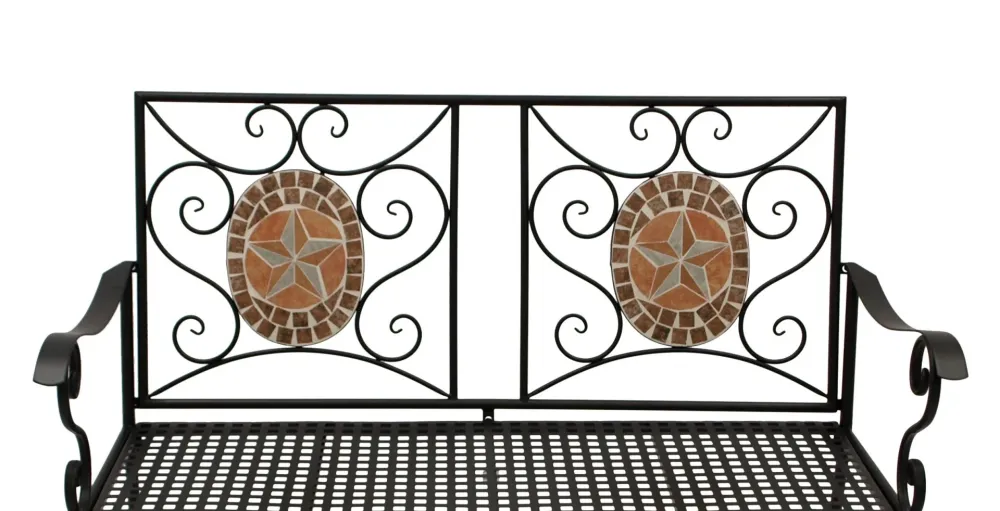 Panca 2 posti LUCCA, ferro nero con intarsi mosaico di terracotta e rivestimento