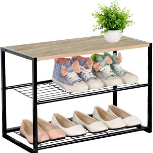 Panca Scaffale Scarpiera Casa Multiuso 2 Ripiani Legno e Metallo 63x30x43cm