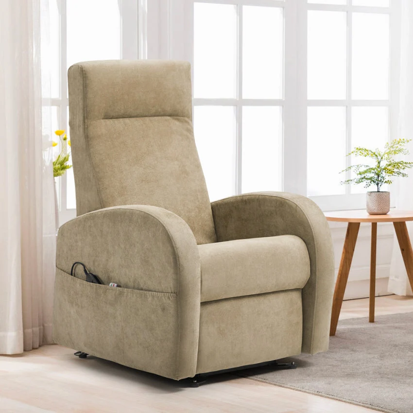 Poltrona Alzapersona Elettrica 2 Motori 74x85x160 cm Tessuto Beige