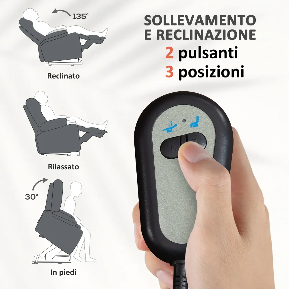 Poltrona Alzapersona Elettrica Reclinabile con Telecomando e Tasca Tessuto Grigio Carbone