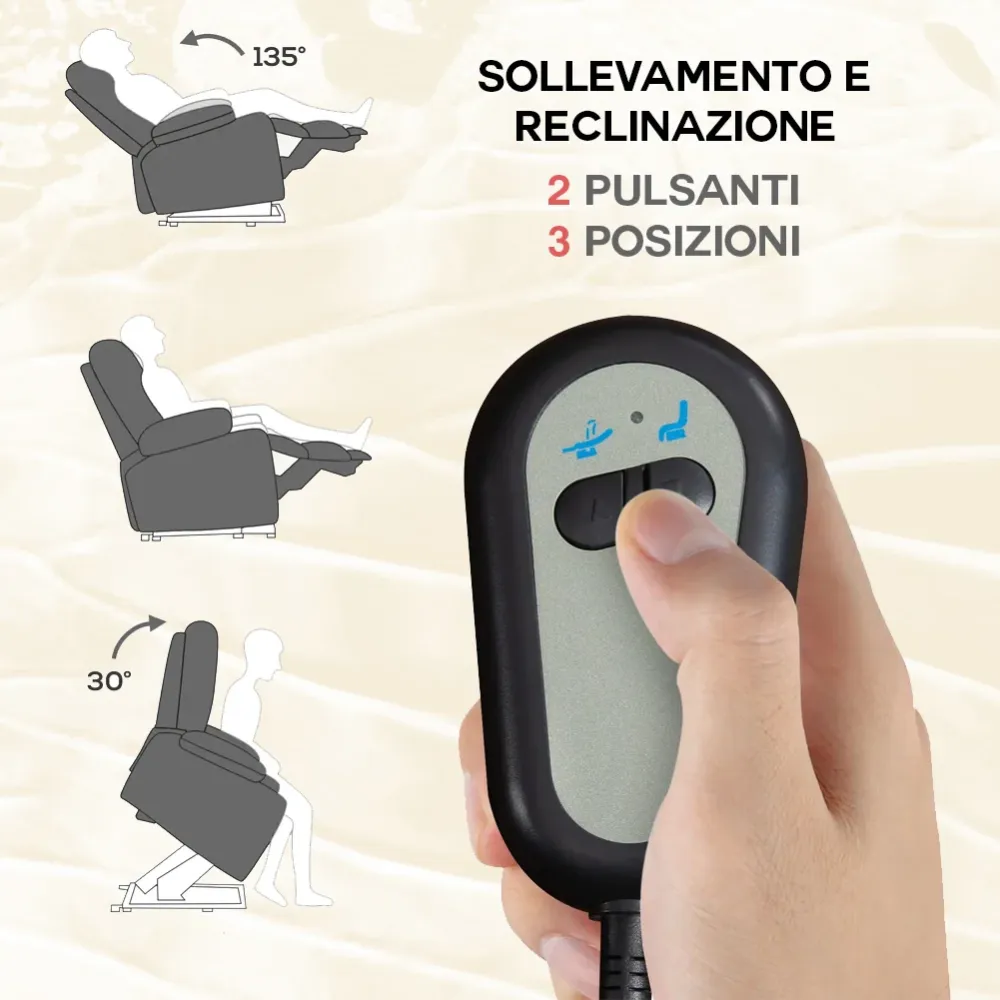 Poltrona Alzapersona Elettrica Reclinabile Telecomando e Tasca Tessuto Grigio