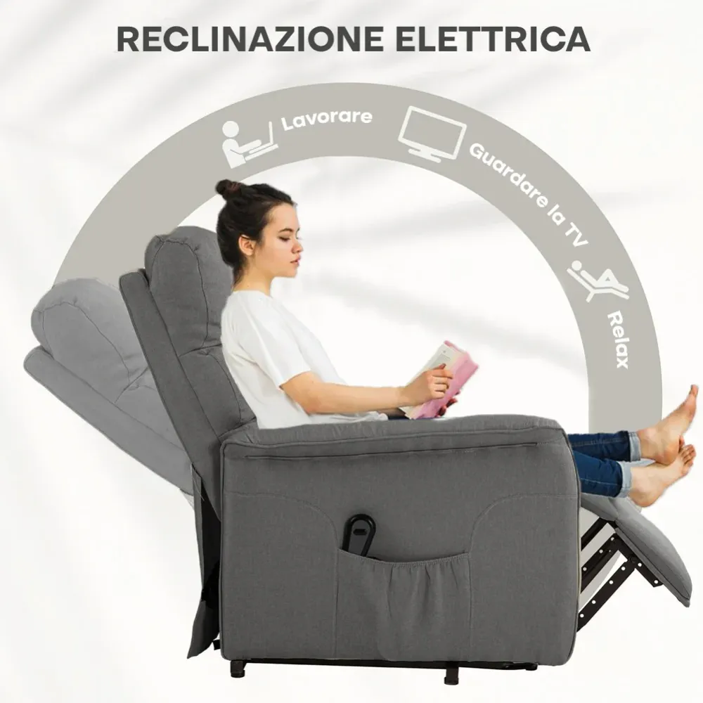 Poltrona Alzapersona Elettrica Reclinabile Telecomando e Tasca Tessuto Grigio