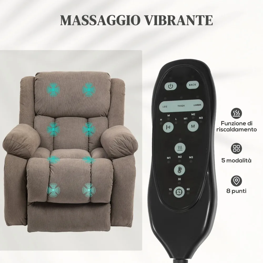 Poltrona Alzapersona Massaggiante e Reclinabile 93x104x105 cm Marrone Chiaro
