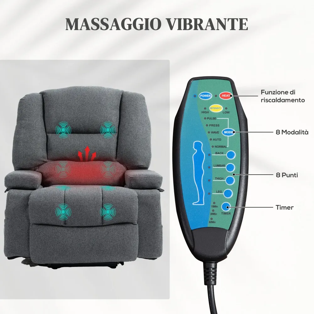Poltrona Alzapersona Reclinabile 135° 8 Punti Massaggianti Tessuto Effetto Lino Grigio