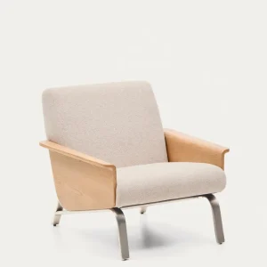 Poltrona Amsen beige realizzata multistrato di rovere con gambe acciaio inossidabile spazzolato
