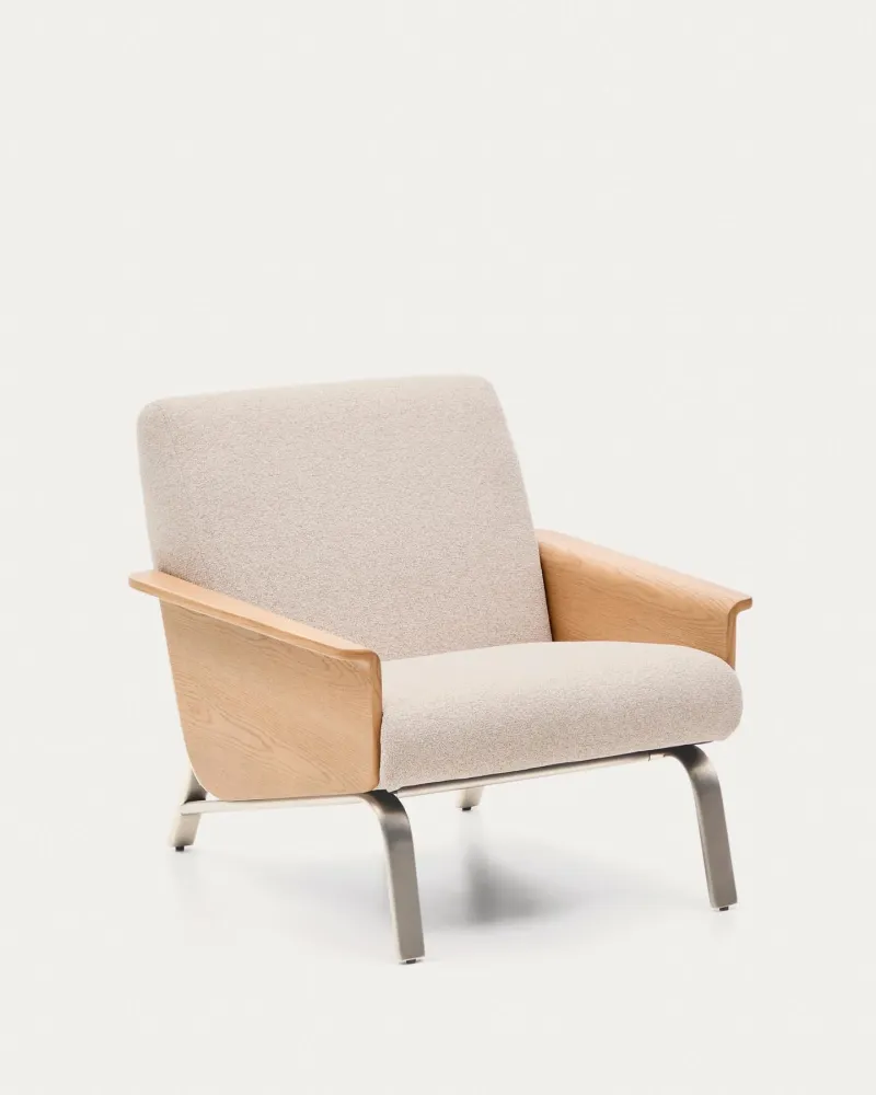 Poltrona Amsen beige realizzata multistrato di rovere con gambe acciaio inossidabile spazzolato
