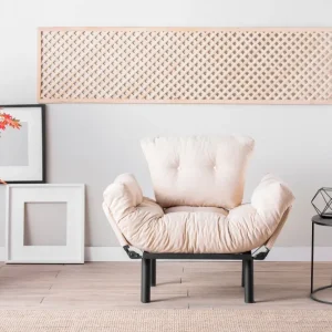 Poltrona apribile metallo con cuscini rivestiti tessuto crema cm 95x70x85h