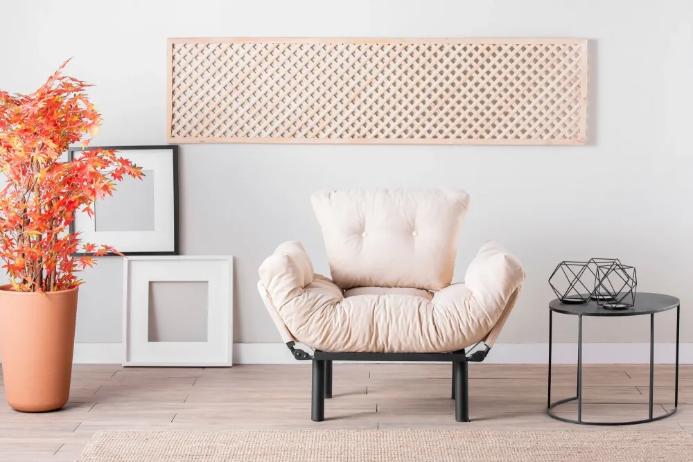 Poltrona apribile metallo con cuscini rivestiti tessuto crema cm 95x70x85h