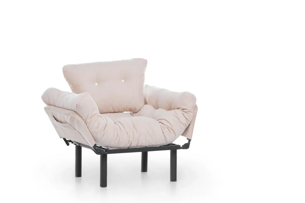Poltrona apribile metallo con cuscini rivestiti tessuto crema cm 95x70x85h