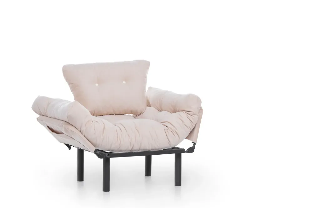Poltrona apribile metallo con cuscini rivestiti tessuto crema cm 95x70x85h