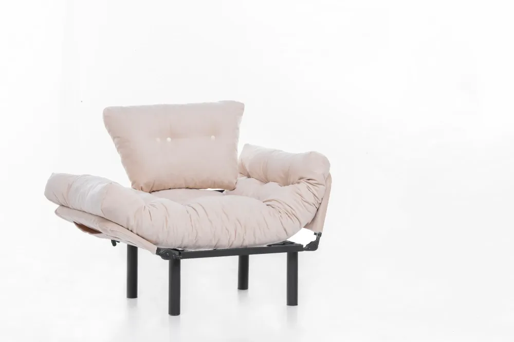Poltrona apribile metallo con cuscini rivestiti tessuto crema cm 95x70x85h
