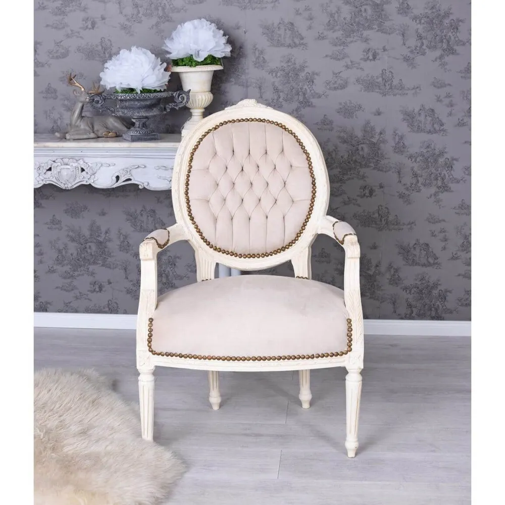 POLTRONA BAROCCA STILE SHABBY CHIC VINTAGE BIANCO-CREMA GRIGIO CHIARO