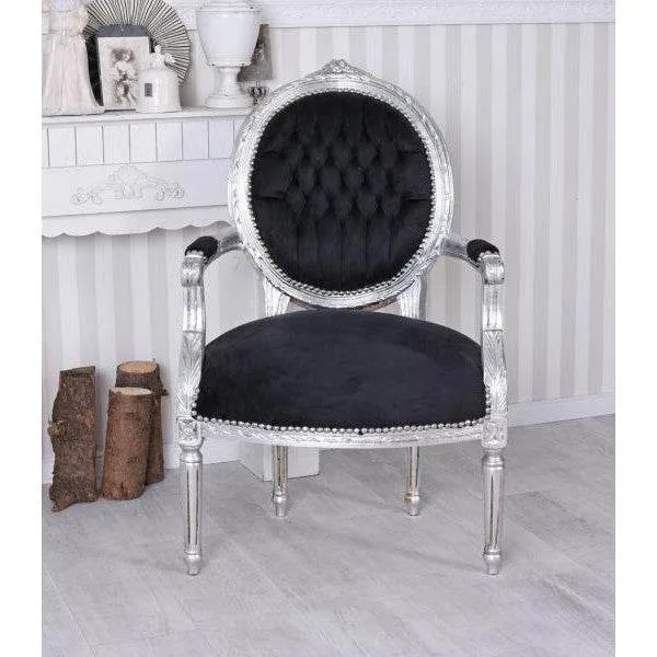 POLTRONA BAROCCA STILE SHABBY CHIC VINTAGE ARGENTO NERO