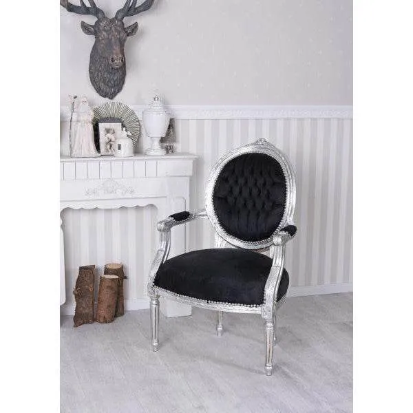 POLTRONA BAROCCA STILE SHABBY CHIC VINTAGE ARGENTO NERO