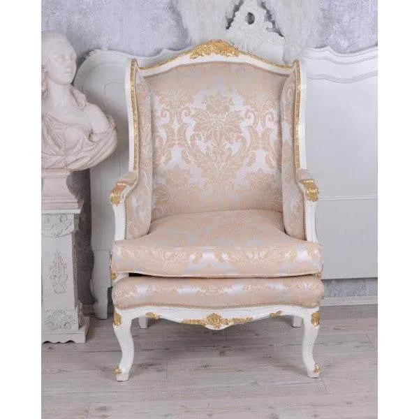 POLTRONA BAROCCA WING CHAIR ANTICO CREMA-BIANCO ARGENTO-ORO