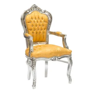 Poltrona barocco da camera o salotto con braccioli legno color argento tessuto oro cm 68x65x108h