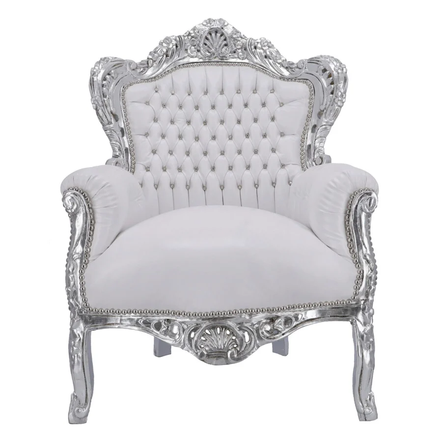 Poltrona barocco da camera o salotto legno colore argento ecopelle bianco cm 80x60x115h